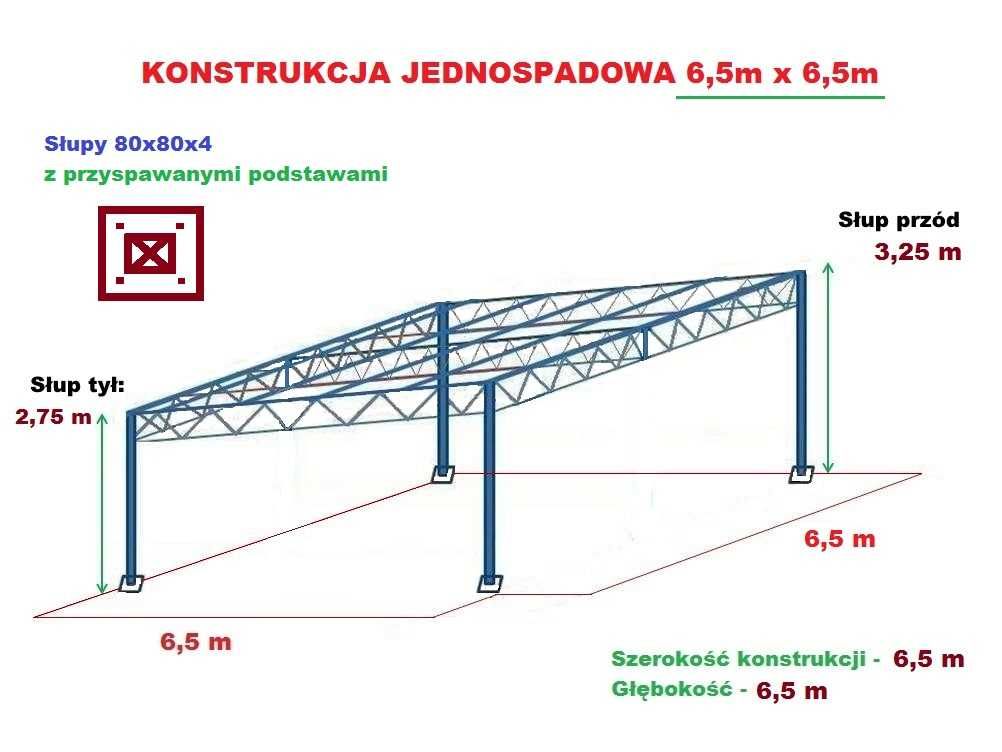 Konstrukcja skręcana wiata rolna garaż Hala Magazyn Blacha 6,5 x 6,5m