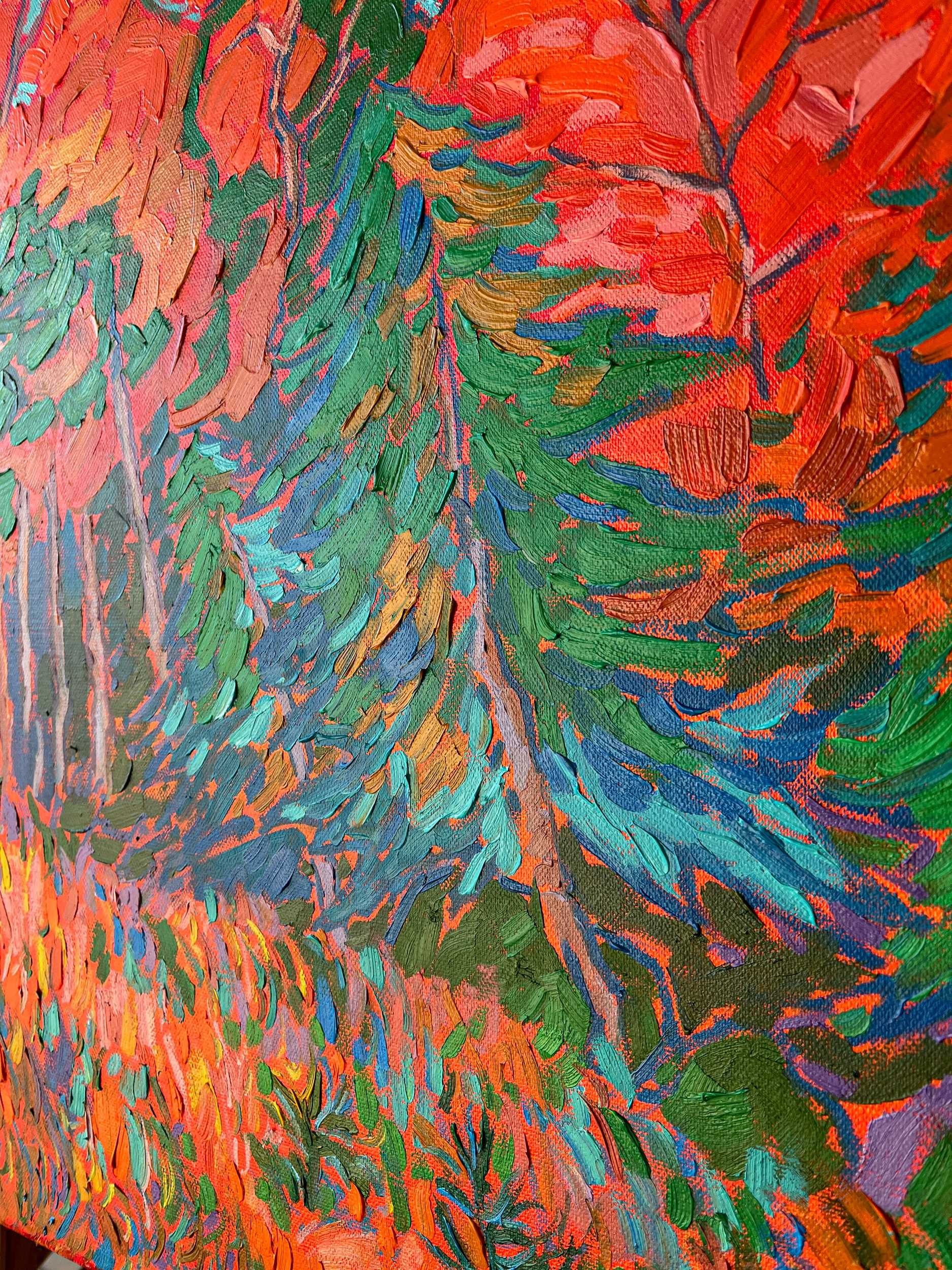 Oryginalny obraz olejny jesiennych drzew teksturowany impasto 60x80cm