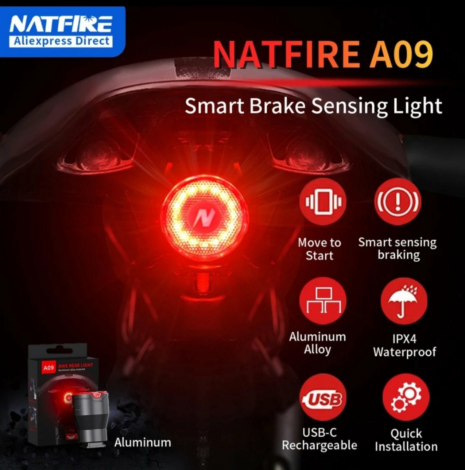 Велосипедный задний фонарь стоп сигнал габарит Natfire A09