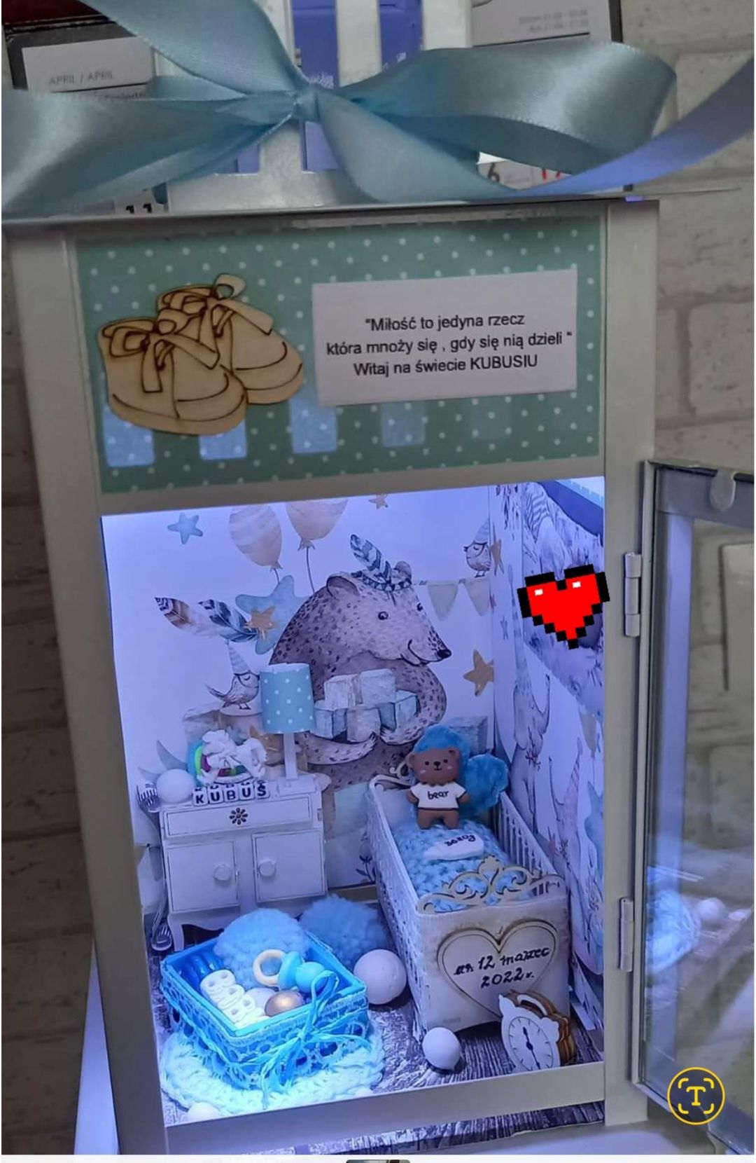 Lampion pamiątka Chrztu narodzin urodzin LED metryczka