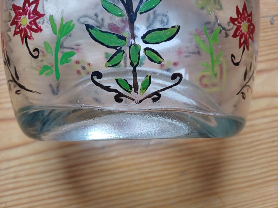 Garrafa de vidro antiga pintada à mão