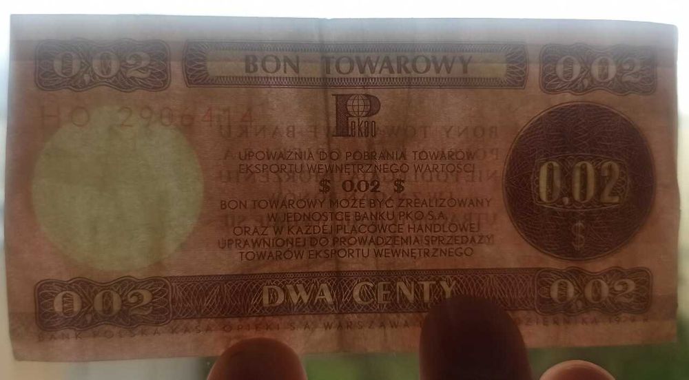 Bon towarowy Pekao 0.02 $, 2 centy, 1979 r.