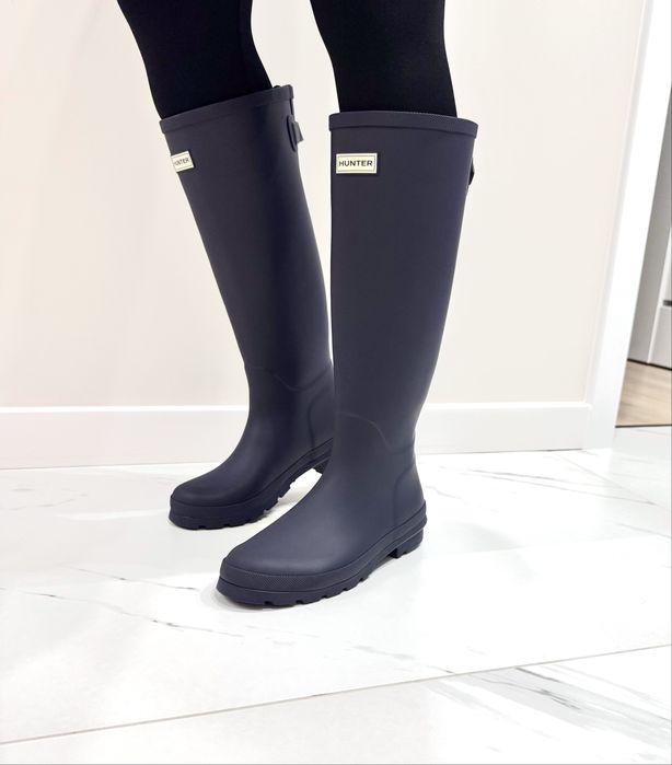 Wysokie matowe granatowe navy kalosze Hunter 40 regulacja cholewki