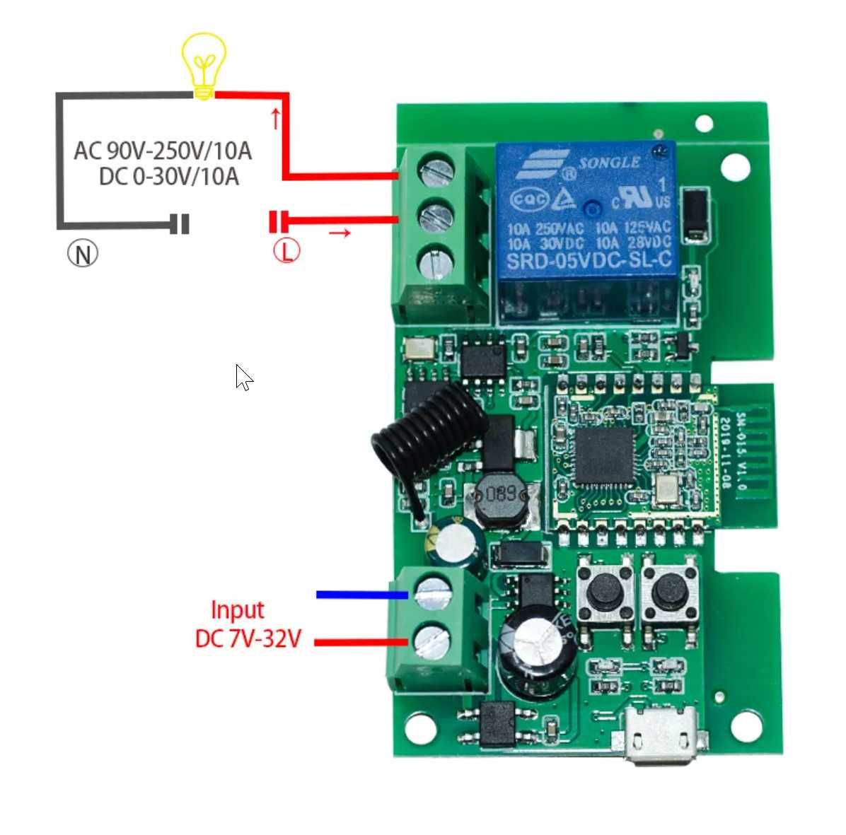 Zigbee Tuya одноканальне реле для розумного будинку 7-32В, 85-250В