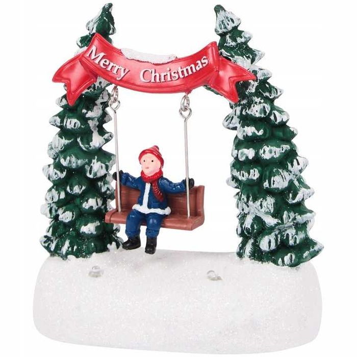 Zimowe miasteczko świąteczna wioska dziecko na huśtawce choinki LED