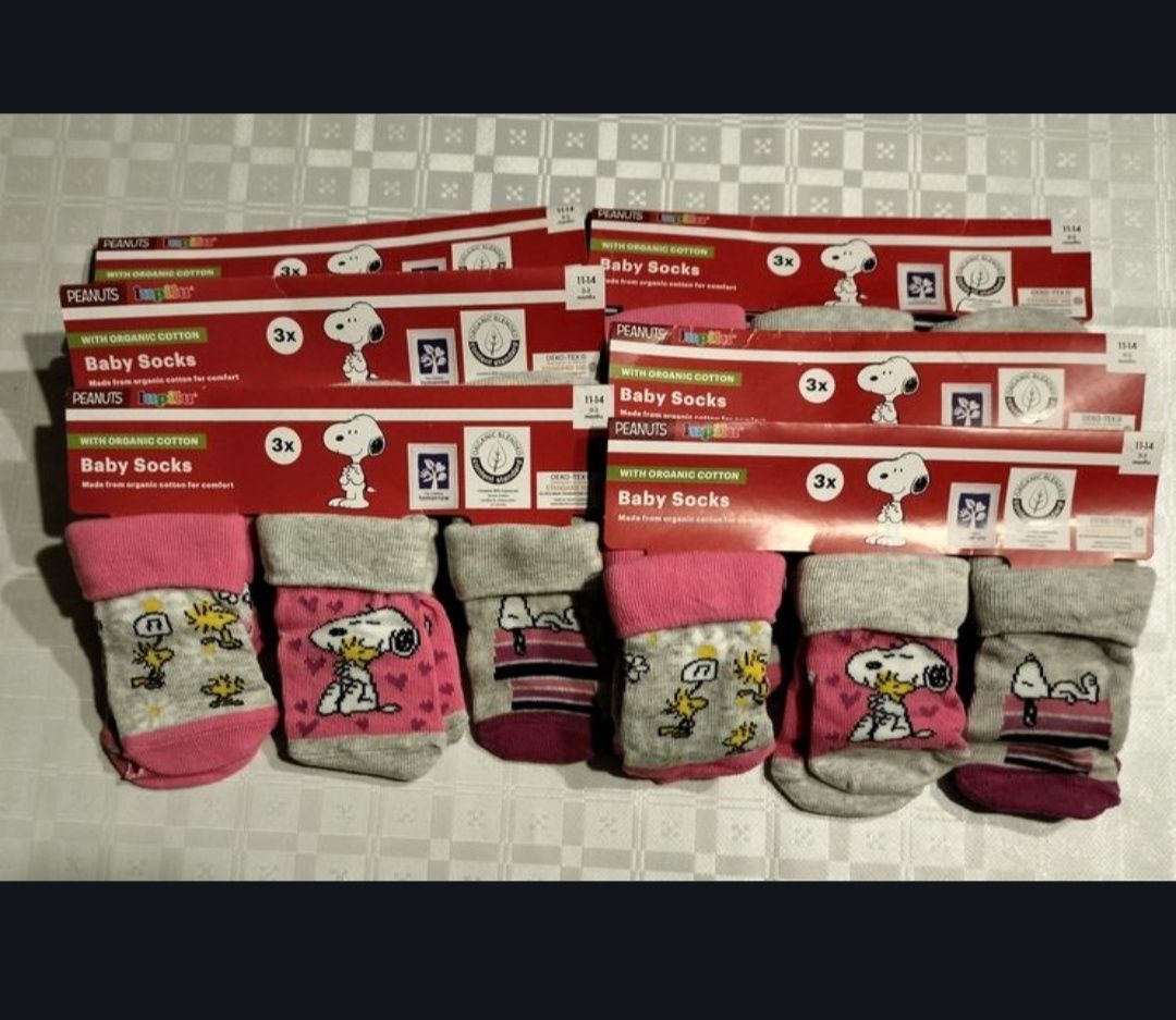 Skarpetki niemowlęce z bawełną 3 pary rozmiar 11-14 Snoopy, róż