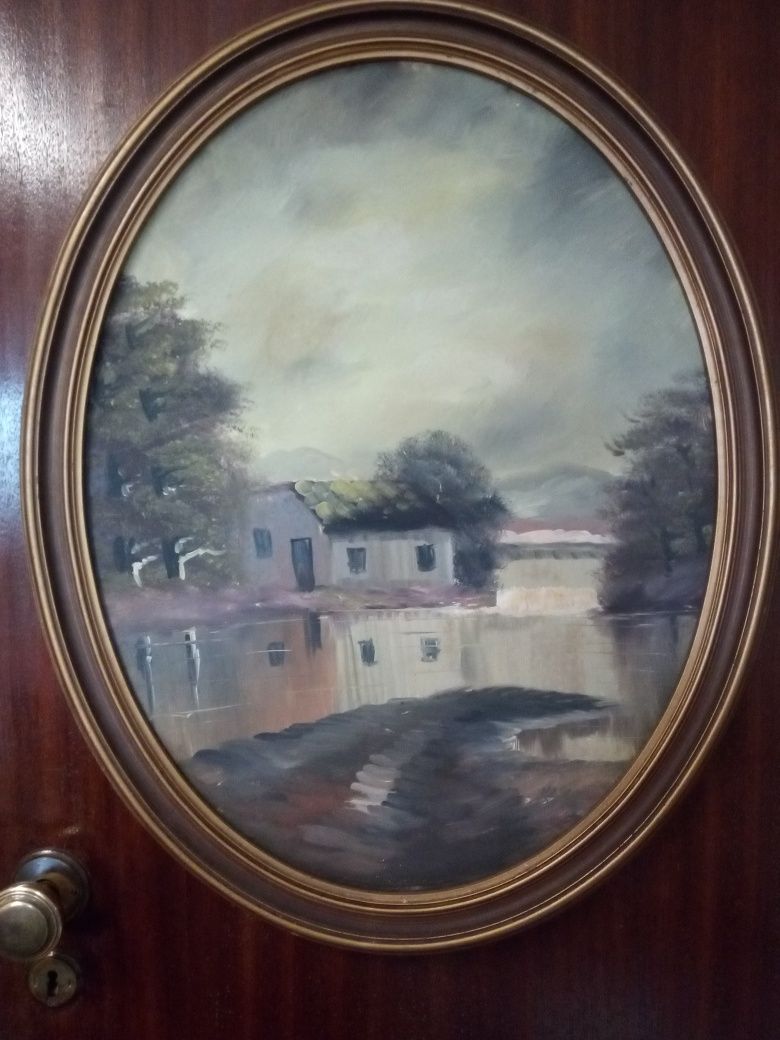 Antiga pintura de paisagem em óleo sobre platex com moldura