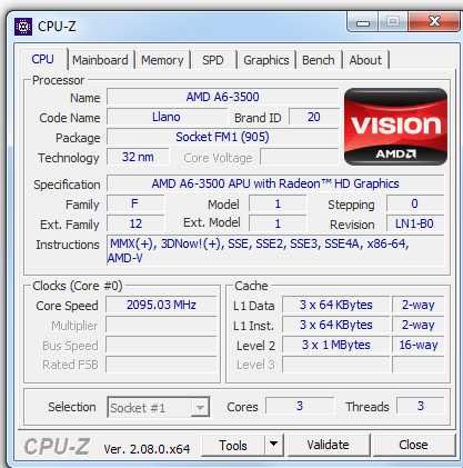 Процессор AMD A6-3500 FM1 2.1-2.4 Ггц APU