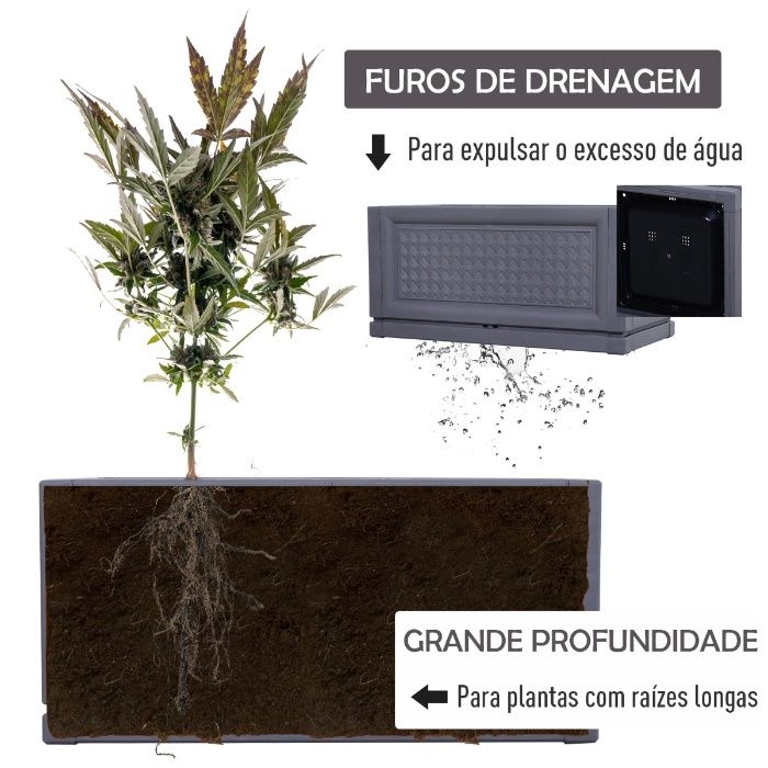 Floreira retangular para flores e vegetais com furos de drenagem