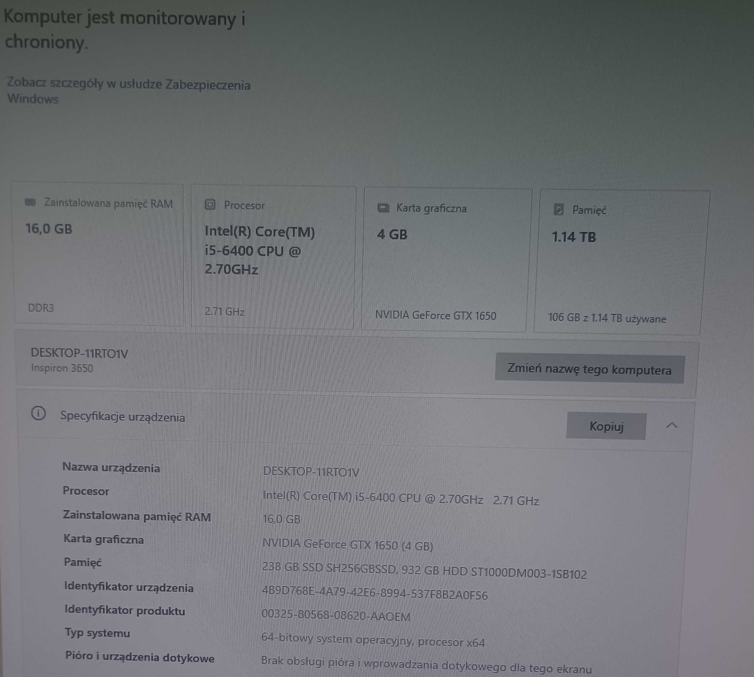 komputer DELL Inspiron 3650, I5, GTX 1650, 16 GB RAM, SSD+HDD, WiFi