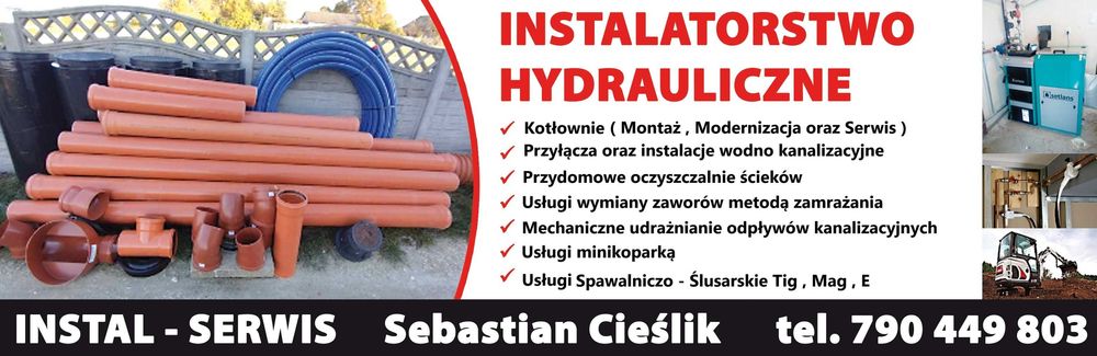 Hydraulik , udrażnianie kanalizacji ,przyłącza wod  usługi minikoparką