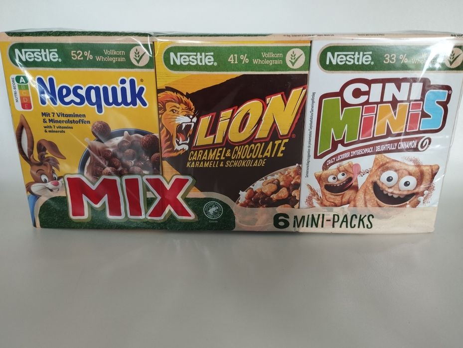 mini płatki śniadaniowe 6 op całość 200g lion, nesquik, cini minis