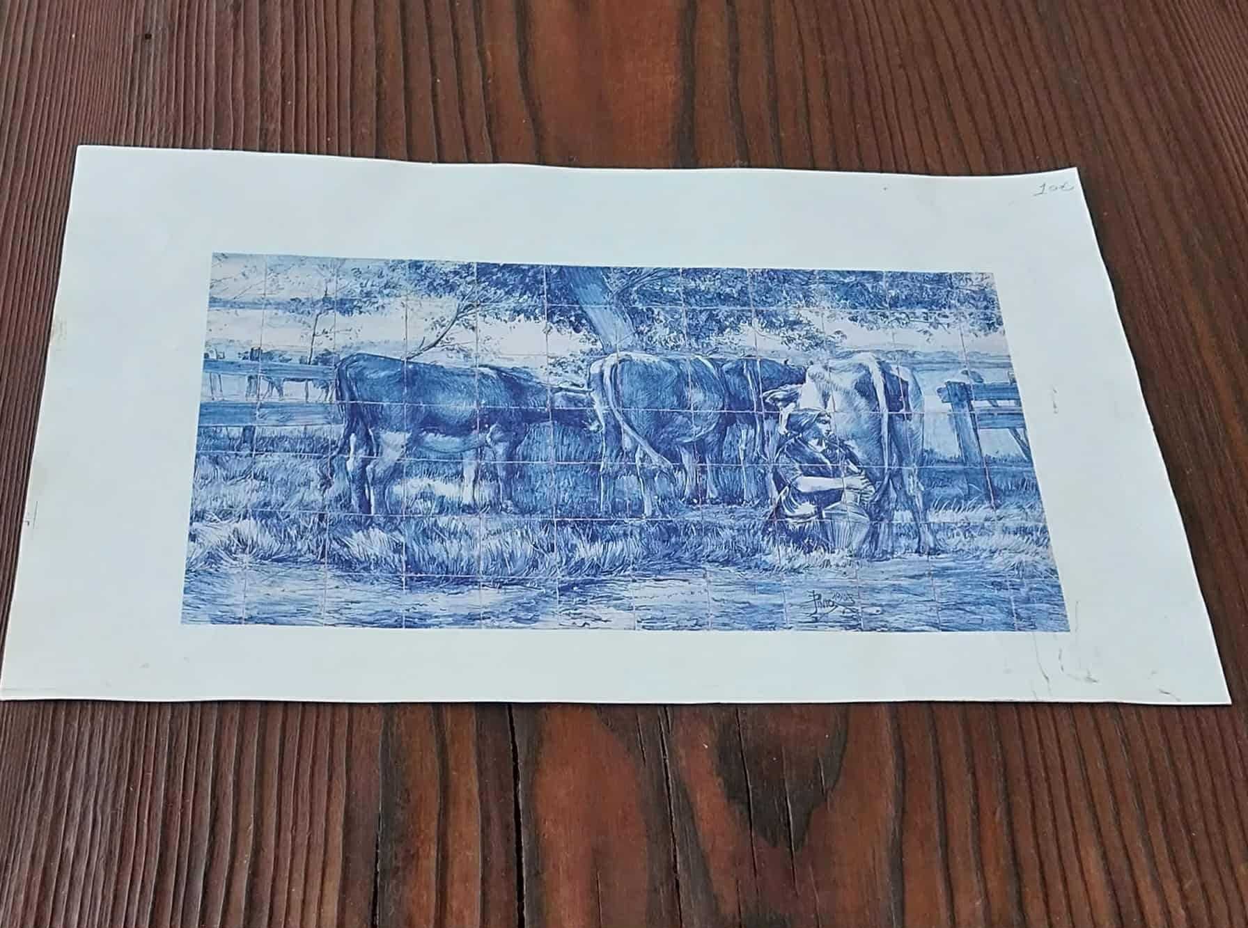 Gravura Rural VINTAGE (34x18,5cm) de Painel de Azulejos Pintados à Mão