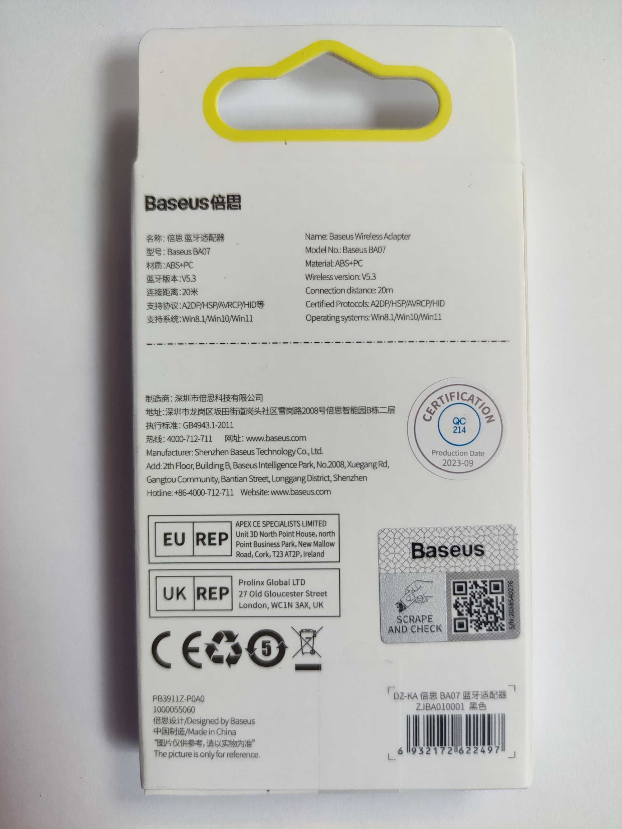 NOWY oryginalny Baseus BA07 | Adapter USB odbiornik Bluetooth 5.3
