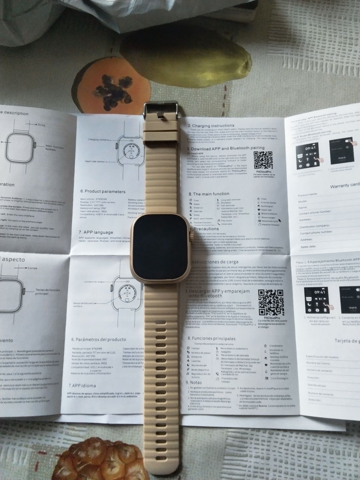 Smart watch SENBONO złoty, morelowy pasek, język polski,mocną bateria