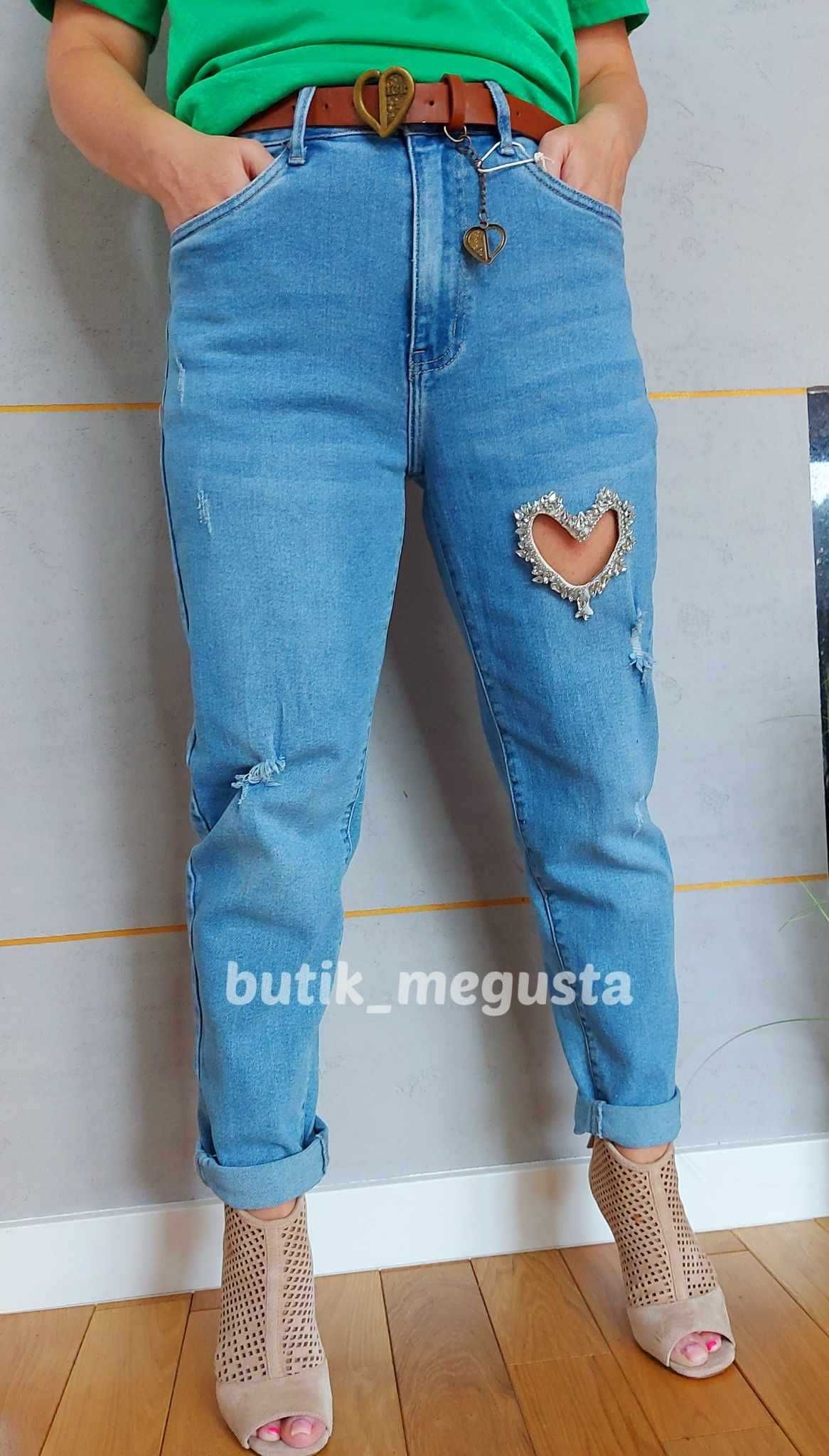SPODNIE JEANSY Boyfriend Serce Kryształki Cyrkonie M L XL 2XL 3XL