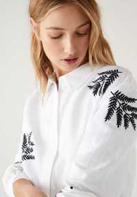 Белая женская рубашка лён с вышивкой M&S, оверсайз, размер 14UK.