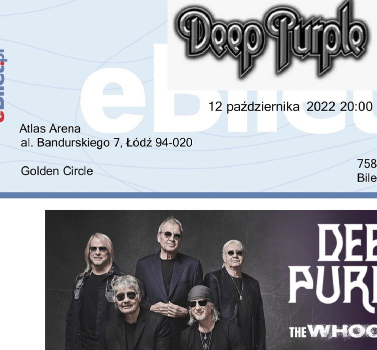 Bilet Deep Purple,strefa Golden Circle 12.10 Łódź