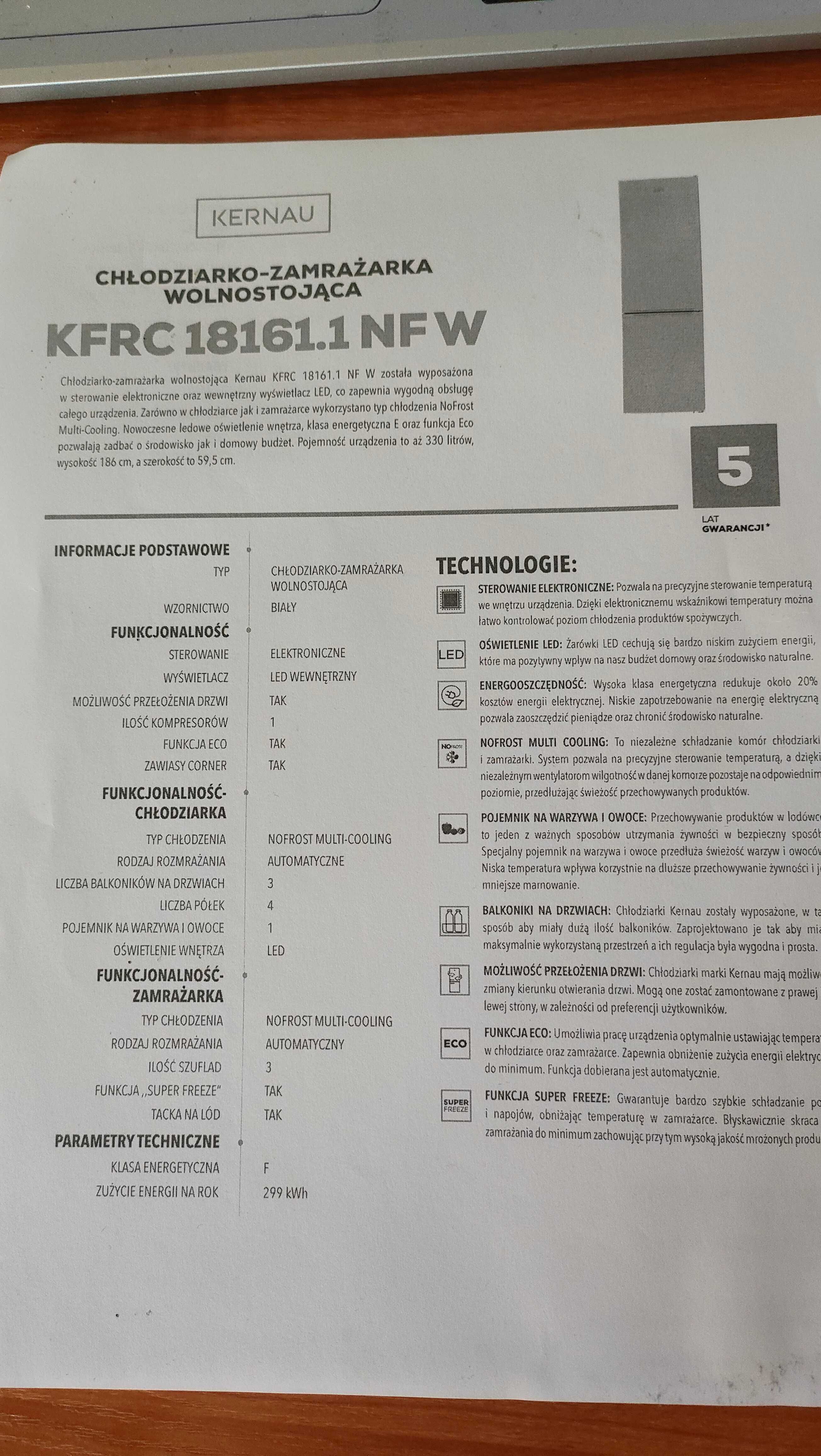 Lodówka KFRC 18161.1 NF W na gwarancji (NO FROST)