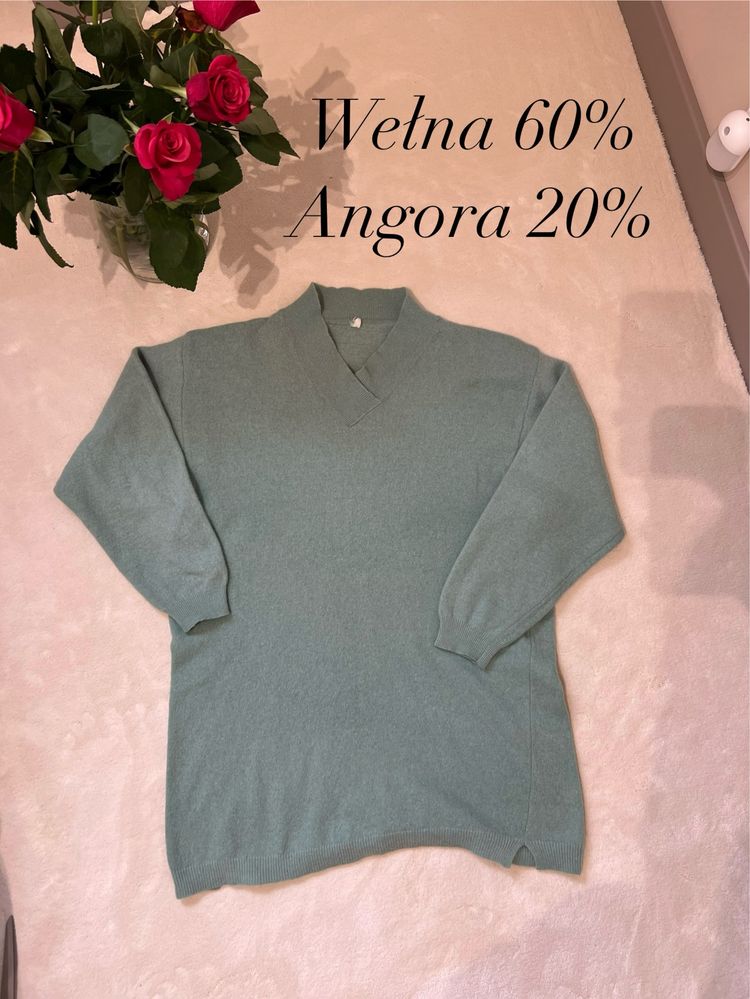 Sweter pistacjowy miętowy seledynowy wełna 60% angora 20% tunika