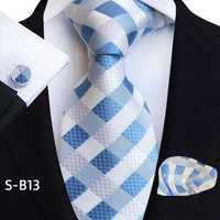 Zestaw męski krawat poszetka i spinki -komplet błękitno biały