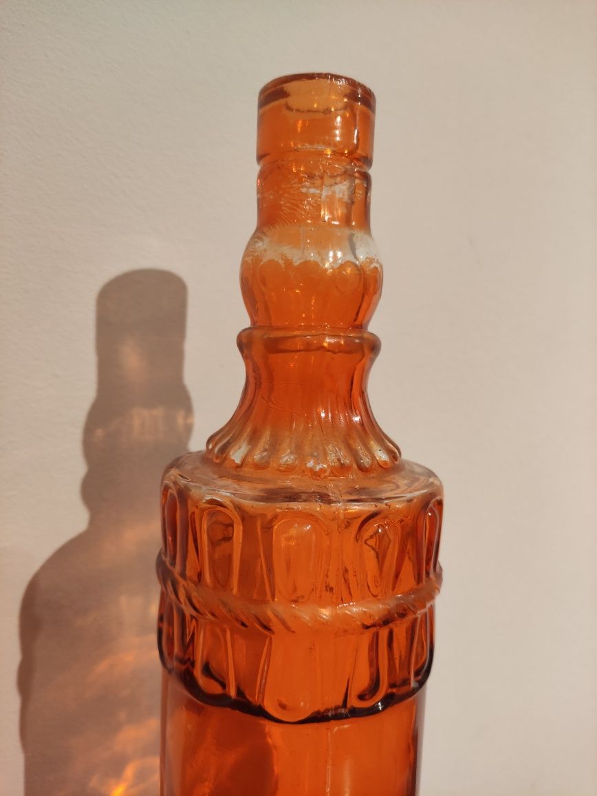 Ozdobna szklana butelka, pomarańczowa, vintage