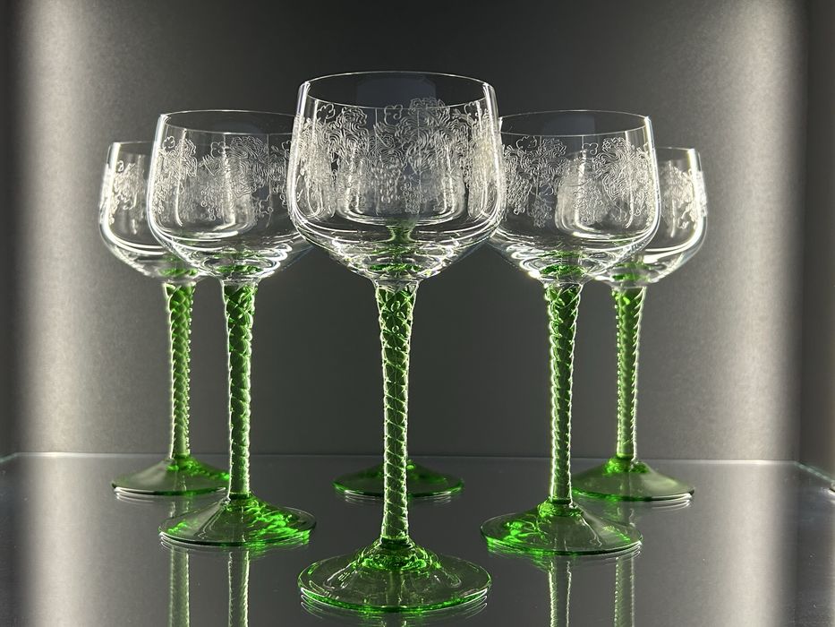 Набір келихів, бокалів 6 од., богемське скло, вінтаж, 50-60 рр.,