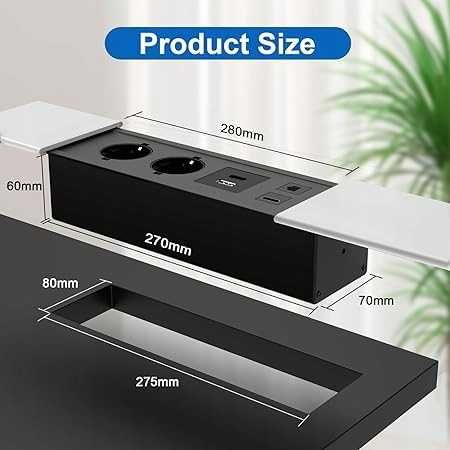 Gniazdo wpuszczane do kuchni -biura z 2 gniazdami,1 USB,1,HDMI Typ C