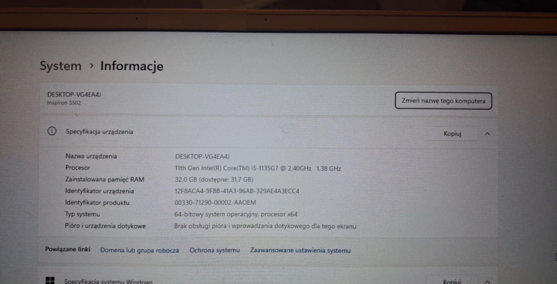 Laptop / Notebook DELL Inspirion 5502 / i5 / 32GB RAM / Nvidia mx330