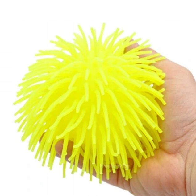 Piłka z włosami gumowymi SENSORYCZNA 15cm gniotek ŻÓŁTA NEW puffy Yell