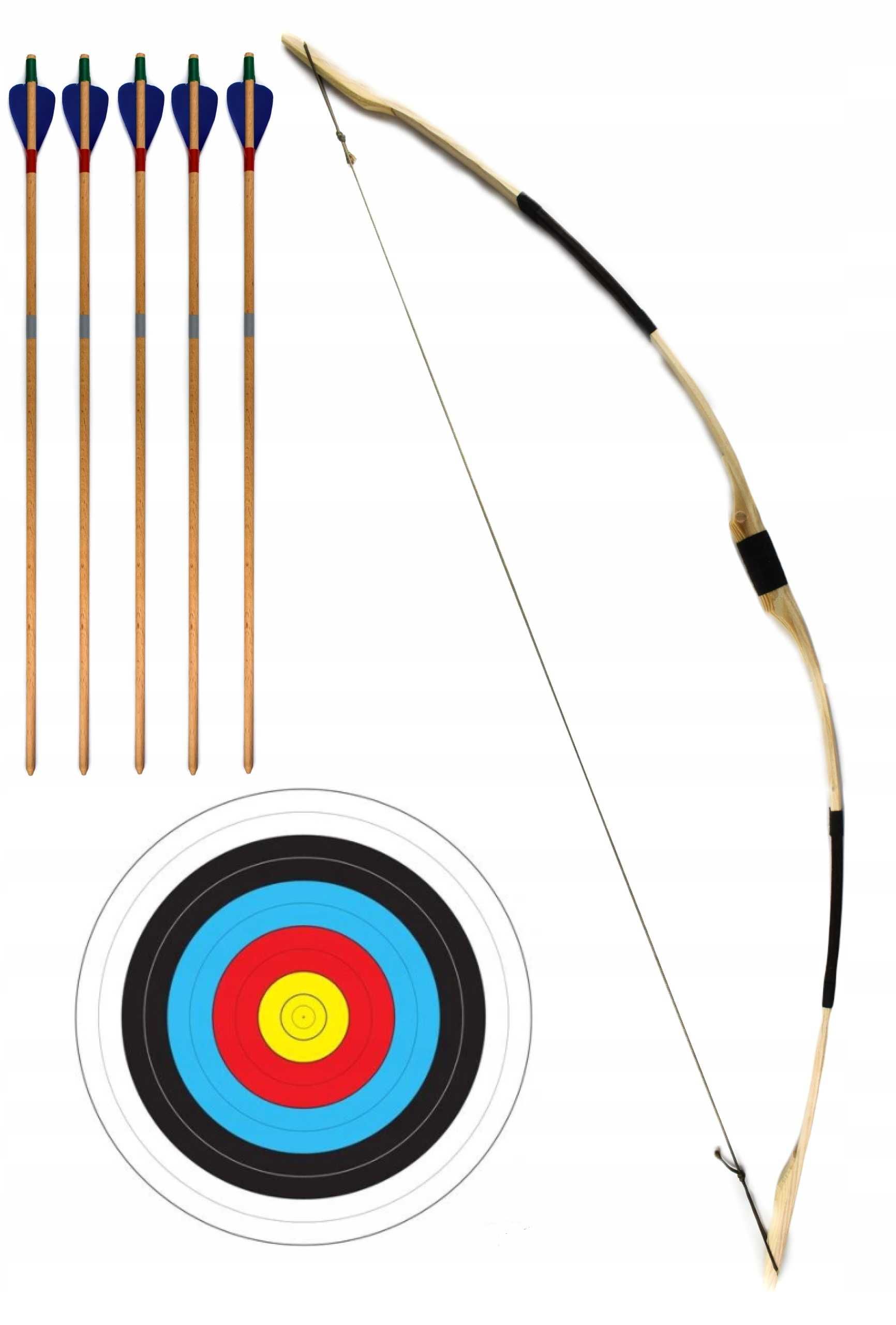 Łuk drewniany 115 cm 5 strzałów + tarcza zestaw łuczniczy brązowy