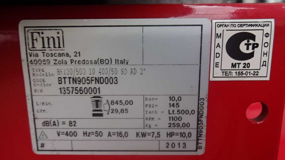 Kompresor Fini 11 Bar 7,5 kw 500l Cod849T000 BTTN905FN003 Sprężarka