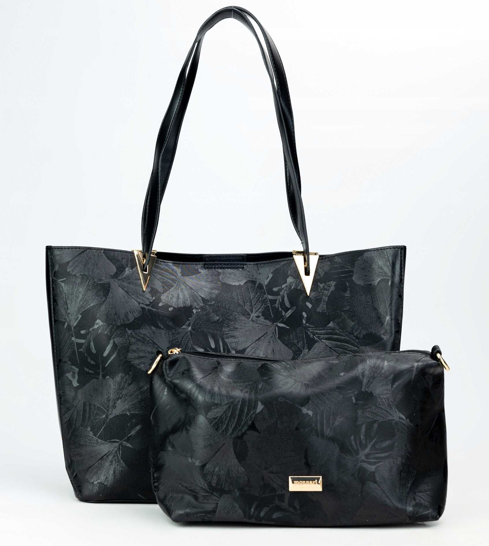 monnari duża torba damska 2w1 shopper+listonoszka zestaw czarna skóra