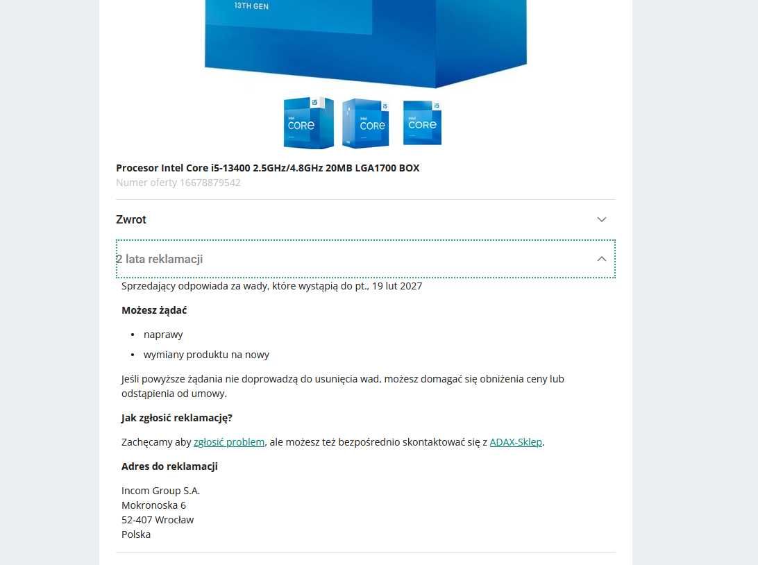 Intel Core i5-13400, gwarancja