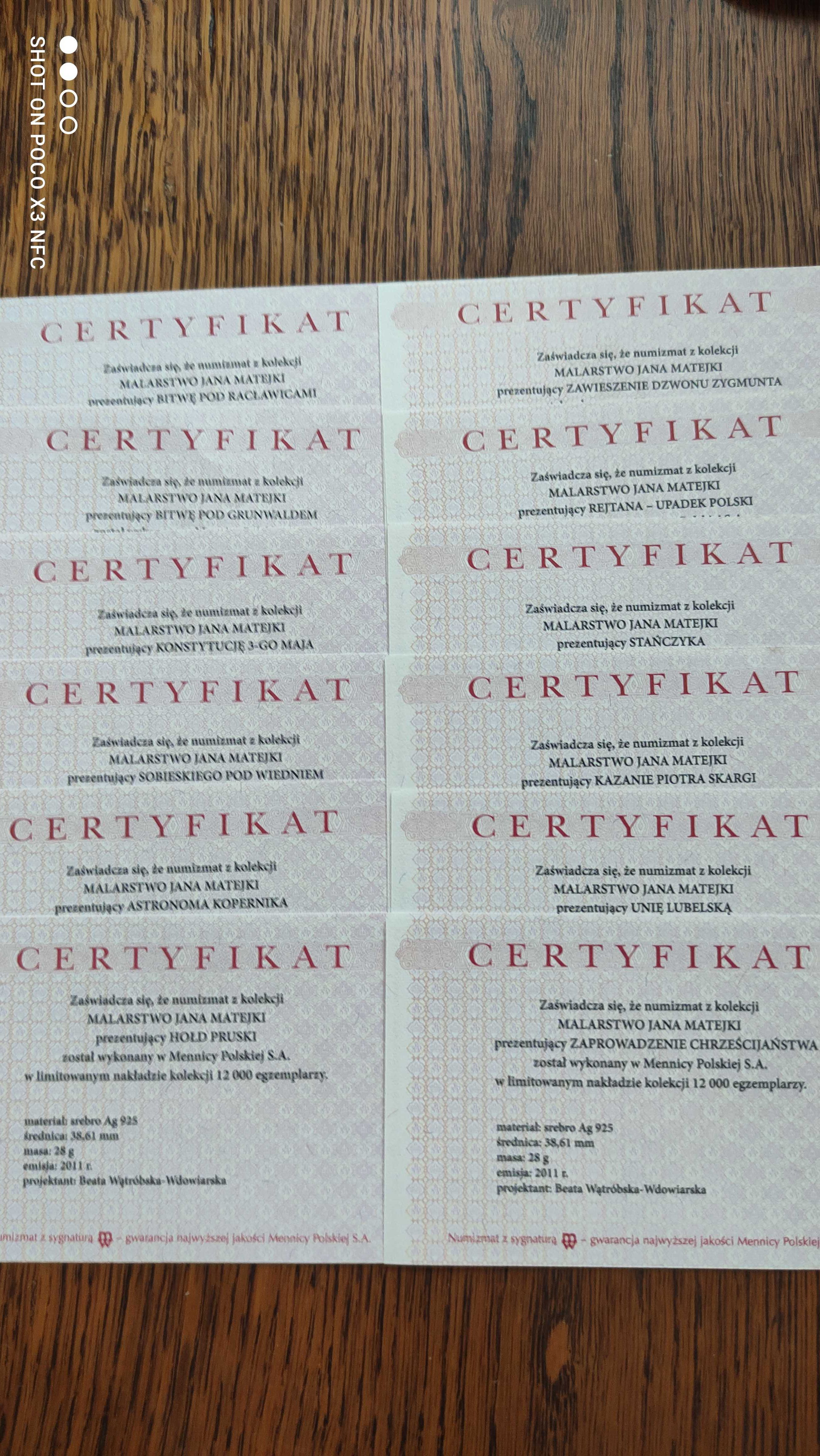 Zestaw medali srebrnych Jan Matejko 12 szt srebro Ag mennicze.