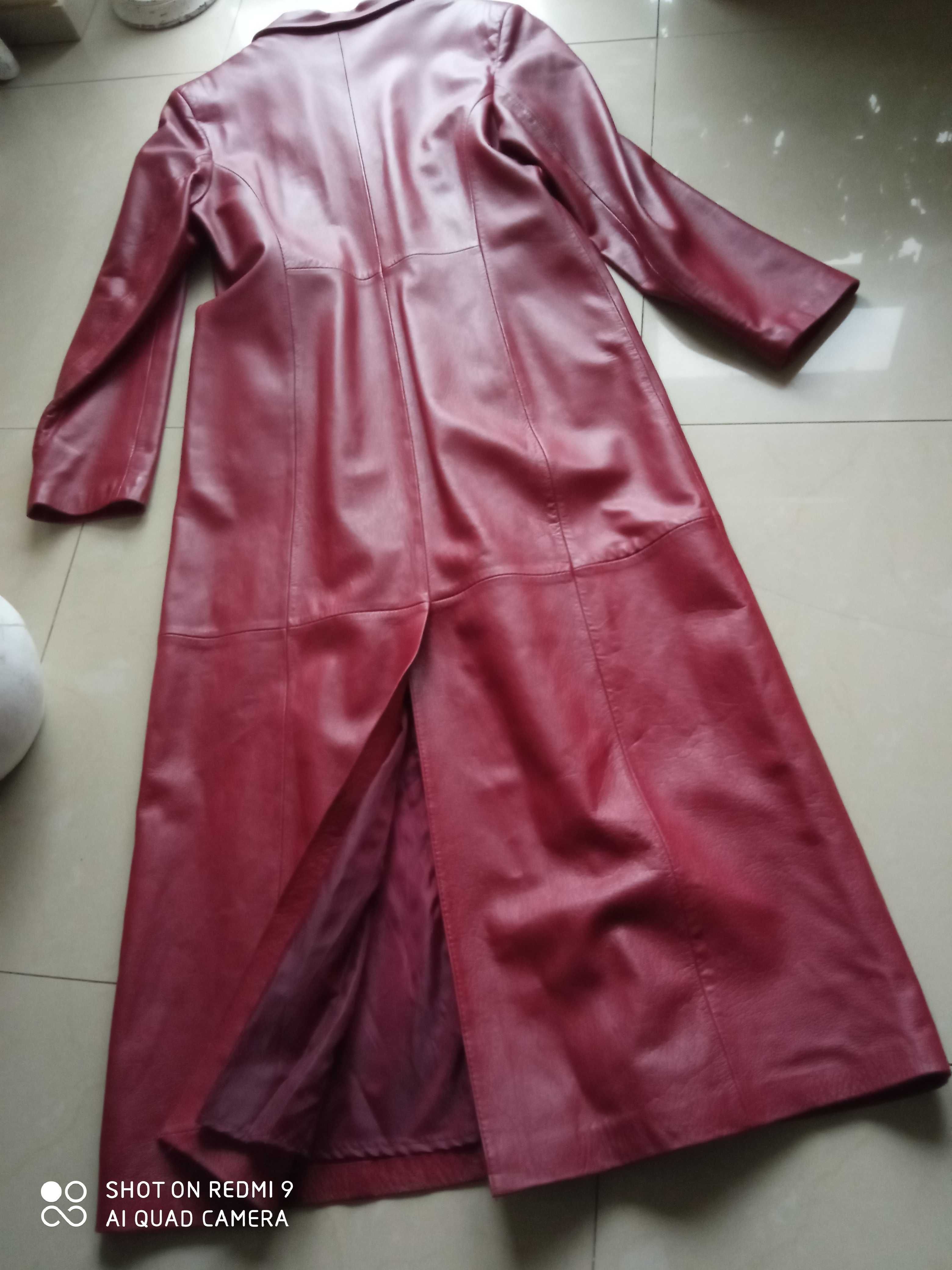 Płaszcz skóra naturalna bordo burgund 106cm pachy 44 maxi z podpinką