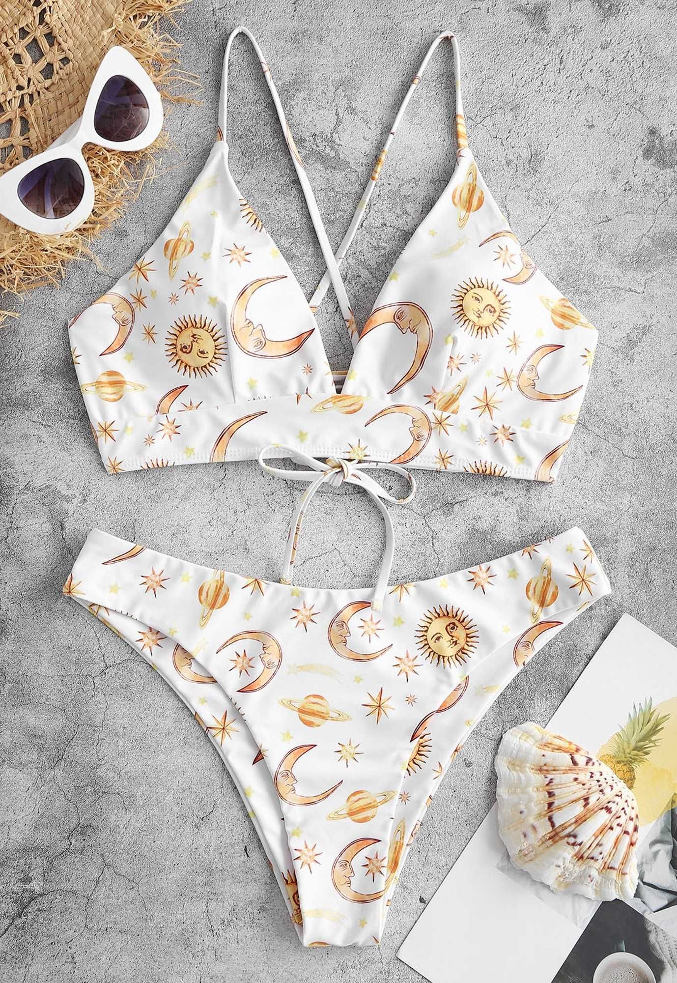 Zaful dwuczęściowy strój kąpielowy bikini biały księżyc planety M 38