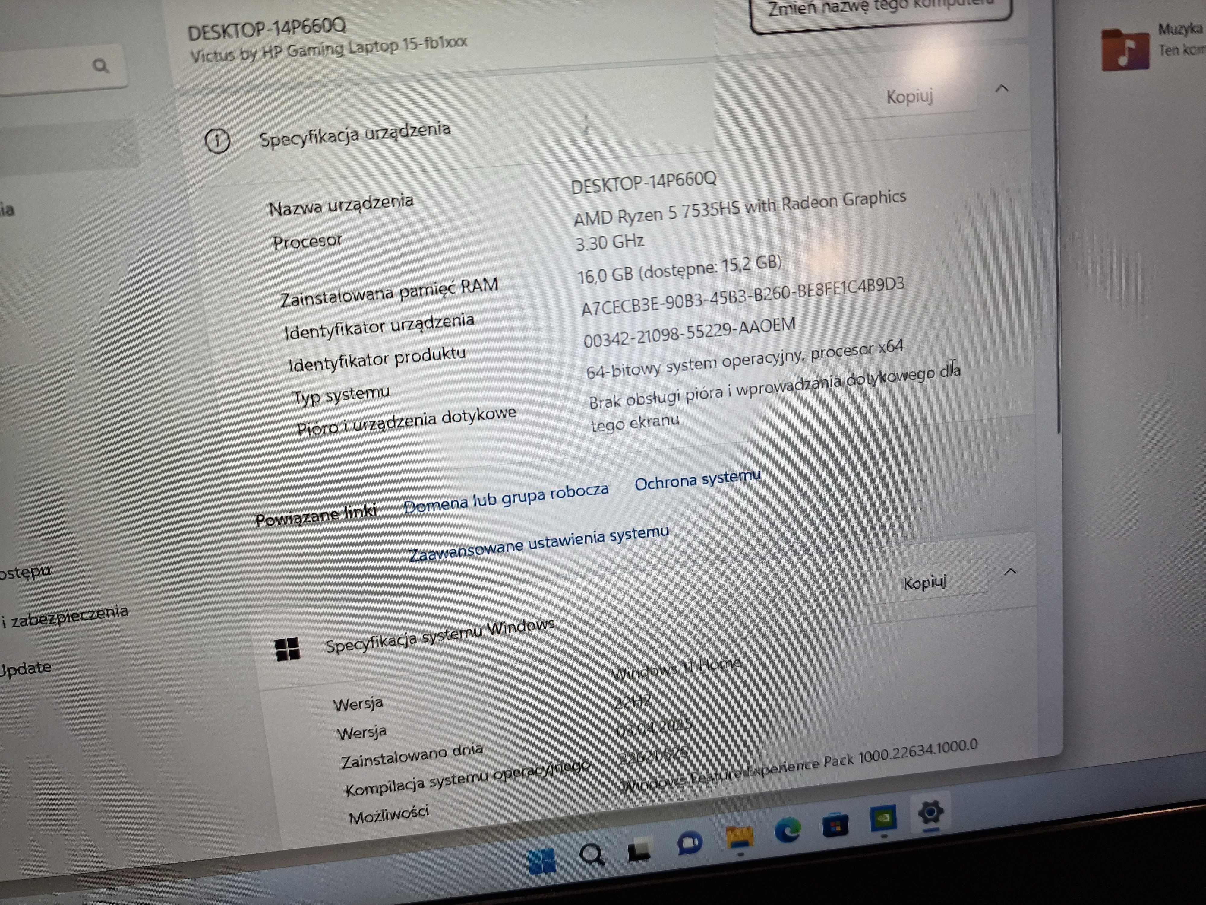HP VICTUS 15-fb1013dx/ R5 7535HS/ 16GB/ 512GB/ RTX 2050 4GB/ czytaj