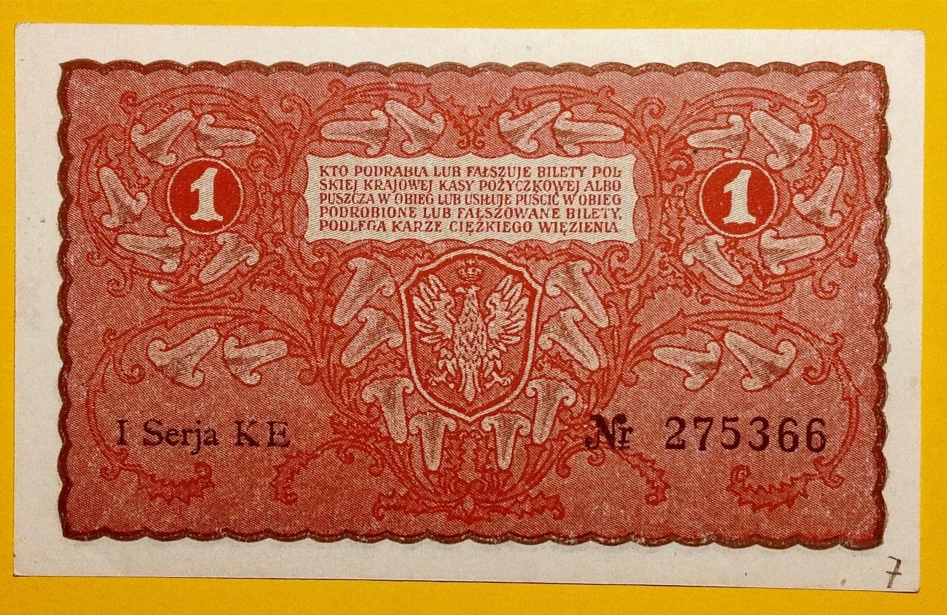 Banknot 1 Marka Polska 1919  I seria KE