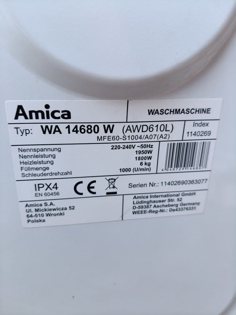 Пральна машина Amica Model WA14680W  45 см глибина 60 шир