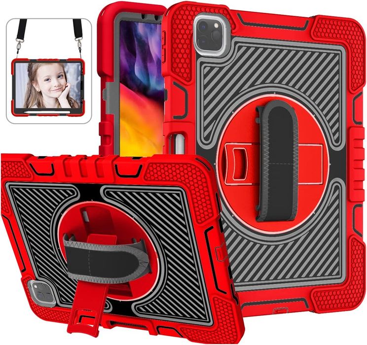 Etui do iPad Pro 11/Air 5/4 z Podstawką i Paskiem na Ramię Czerwony