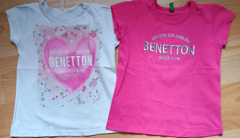 2 bawełniane koszulki Benetton 104 biała i różowa