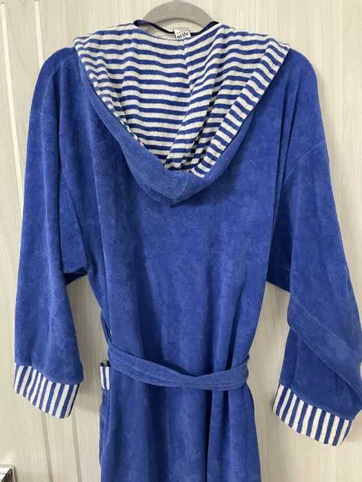 Szlafrok frottowy frotte z kapturem chabrowy paski L/XL