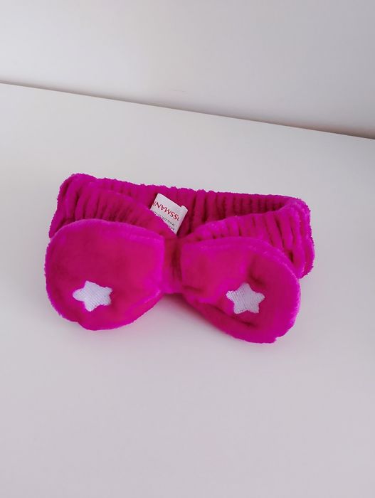 różowa opaska kosmetyczna do włosów z kokardą