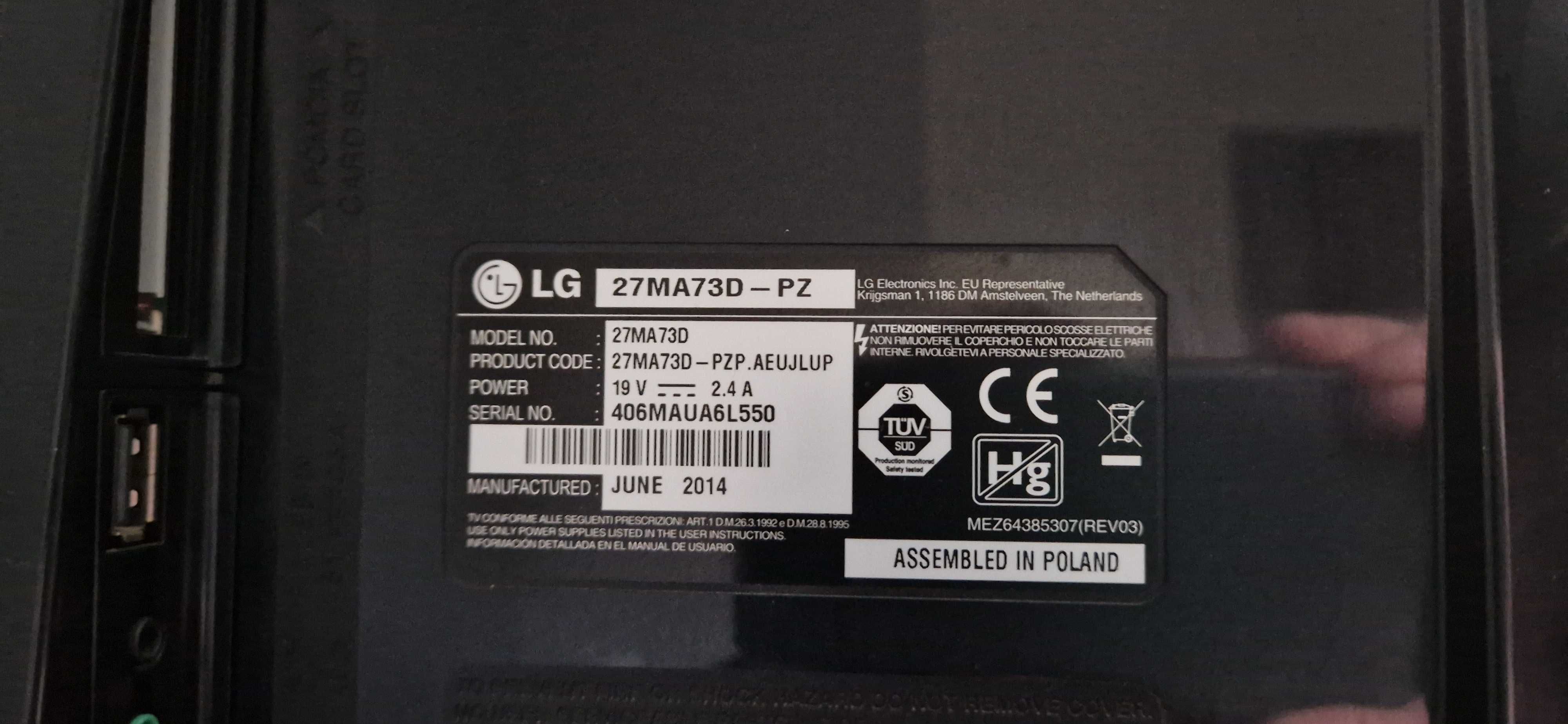 Monitor 27" Full HD z tunerem TV LG 27MA73D-PZ z uchwytem gazowym
