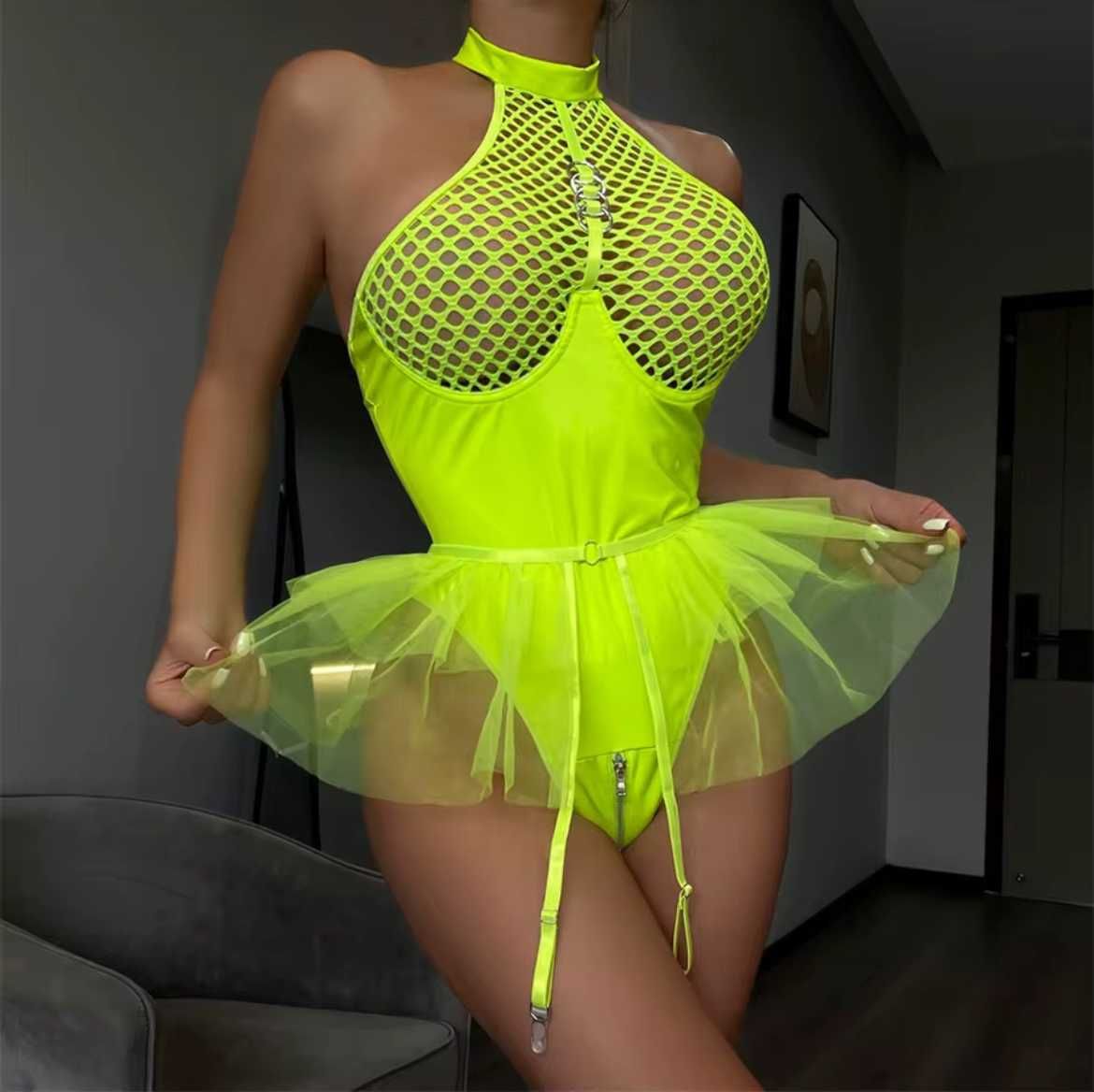 Body erotyczne lateksowe neon zielony halter z siateczką L