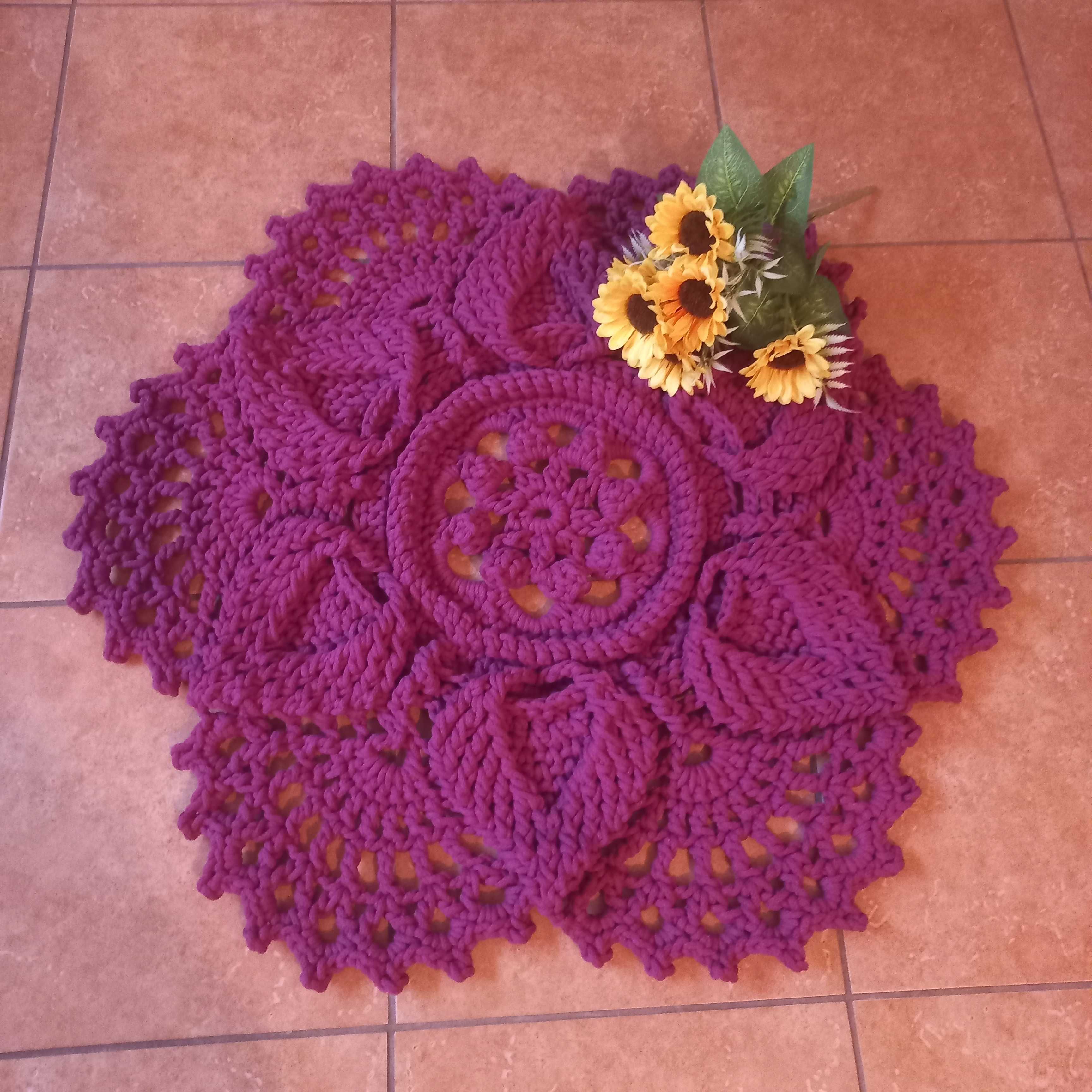 Dywan Dywanik ze sznurka bawełnianego na szydełku 3D ciemny róż 80 cm