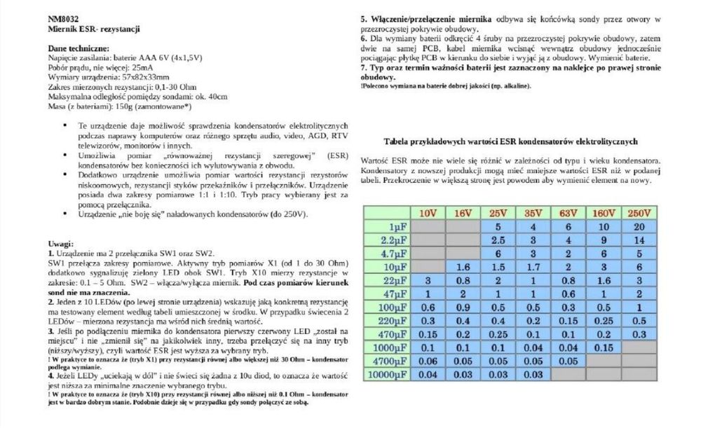 Miernik ESR kondensatorów NM8032 BEZwylutowywania