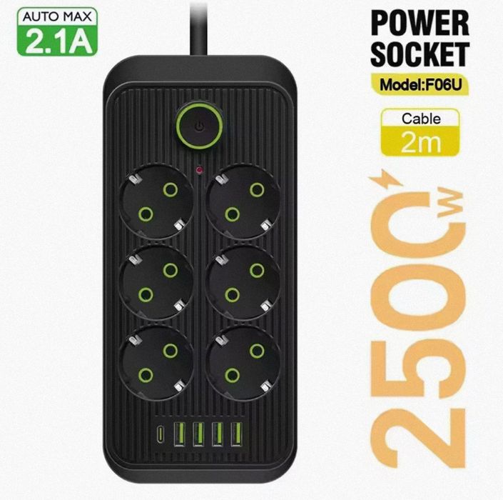 Сетевой фильтр / удлинитель 250В, 10А  4 USB + 1 Type-C
