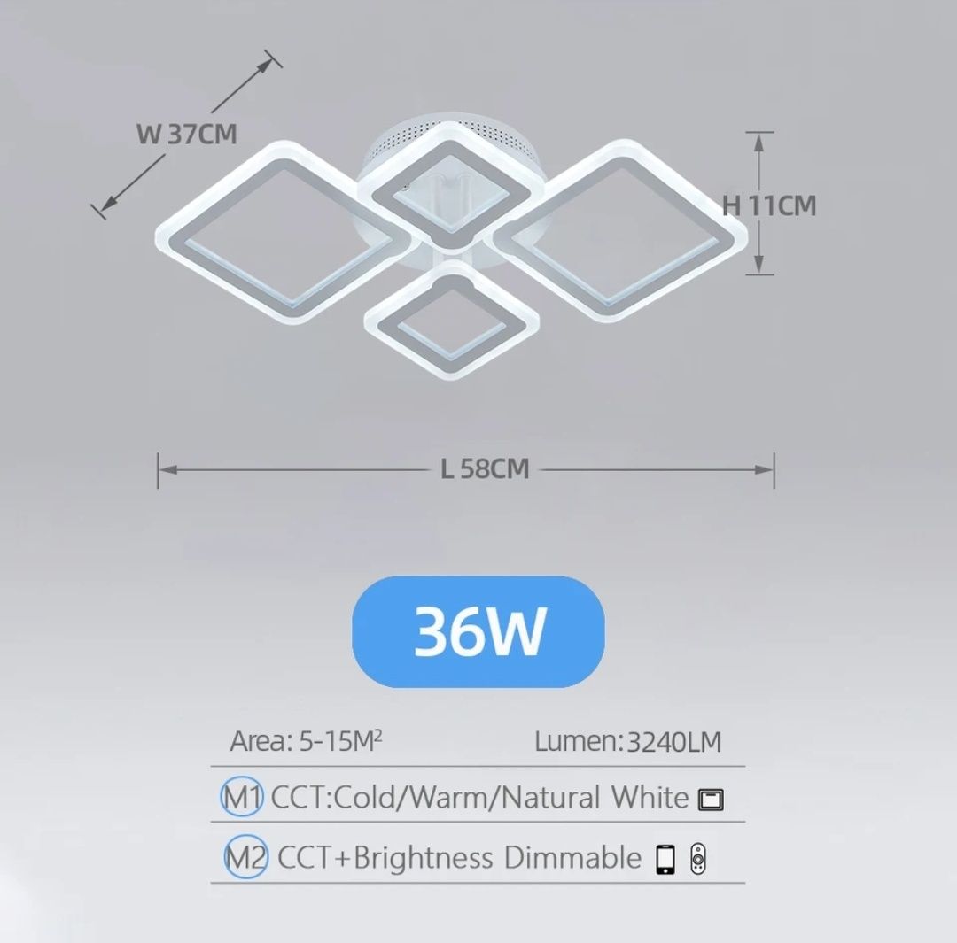 Nowoczesny żyrandol 4 kwadraty LED 36W + Pilot